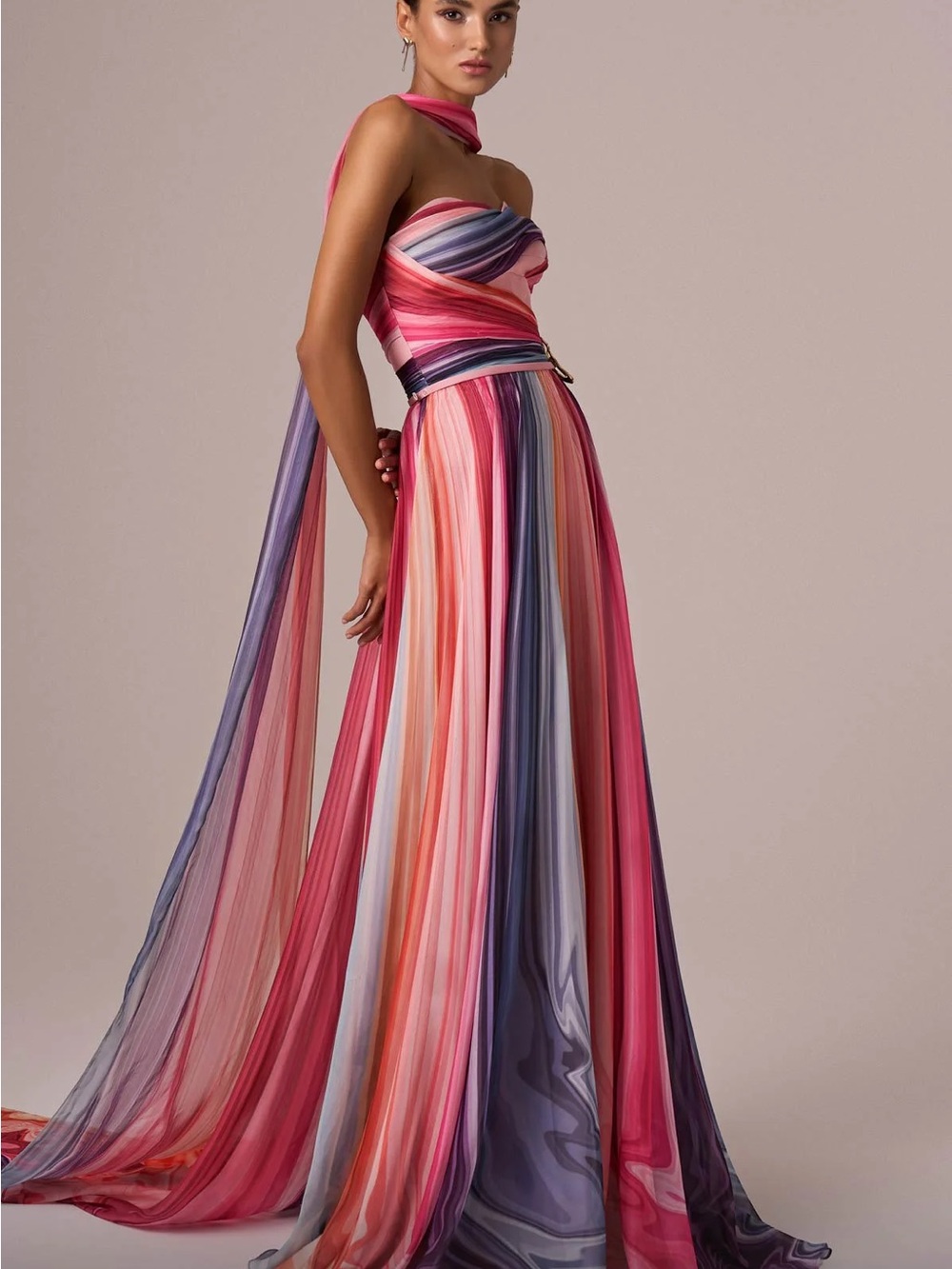 Multicolor Strapless Pleated Evening Gown
